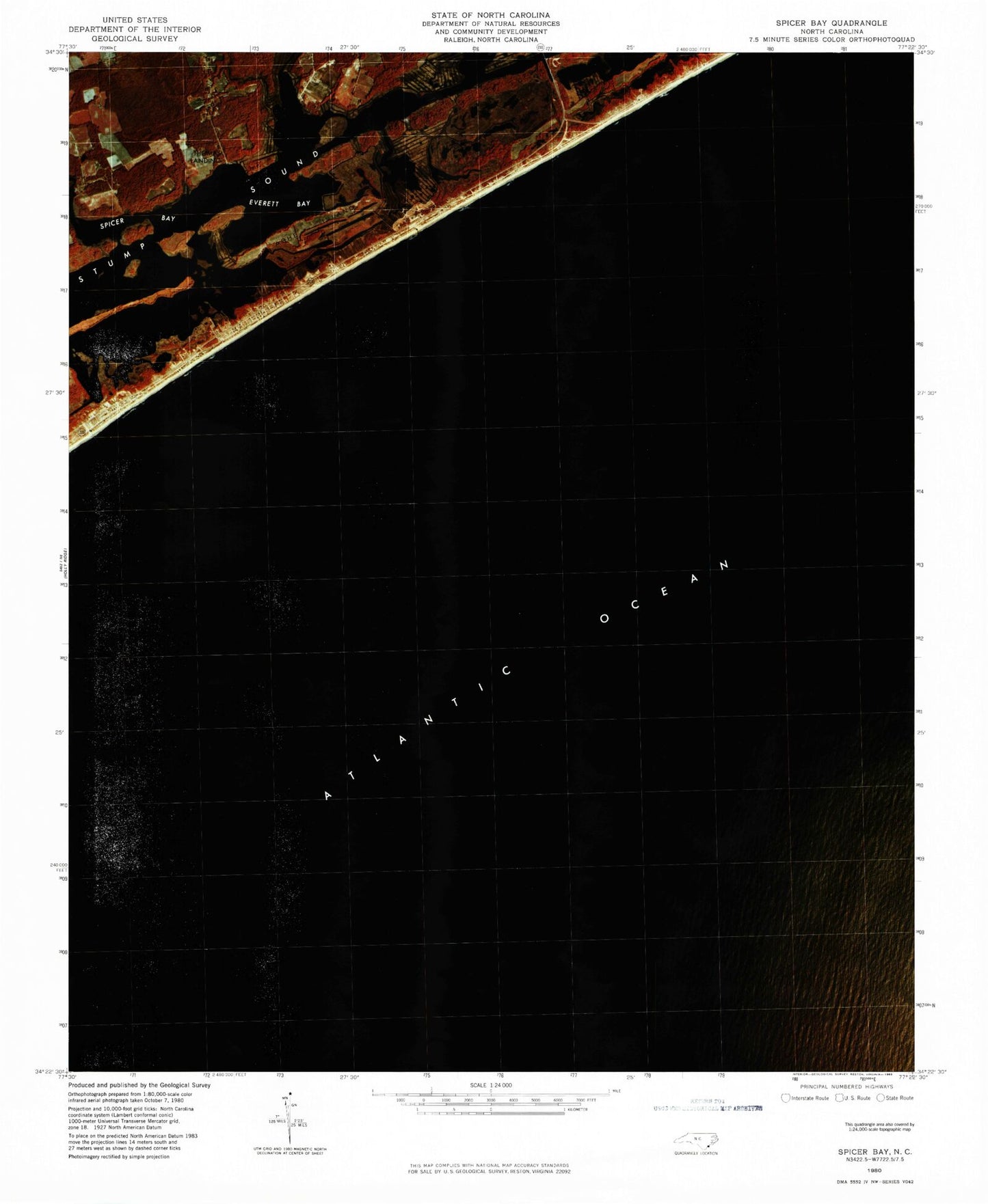 Classic USGS Spicer Bay North Carolina 7.5'x7.5' Topo Map Image