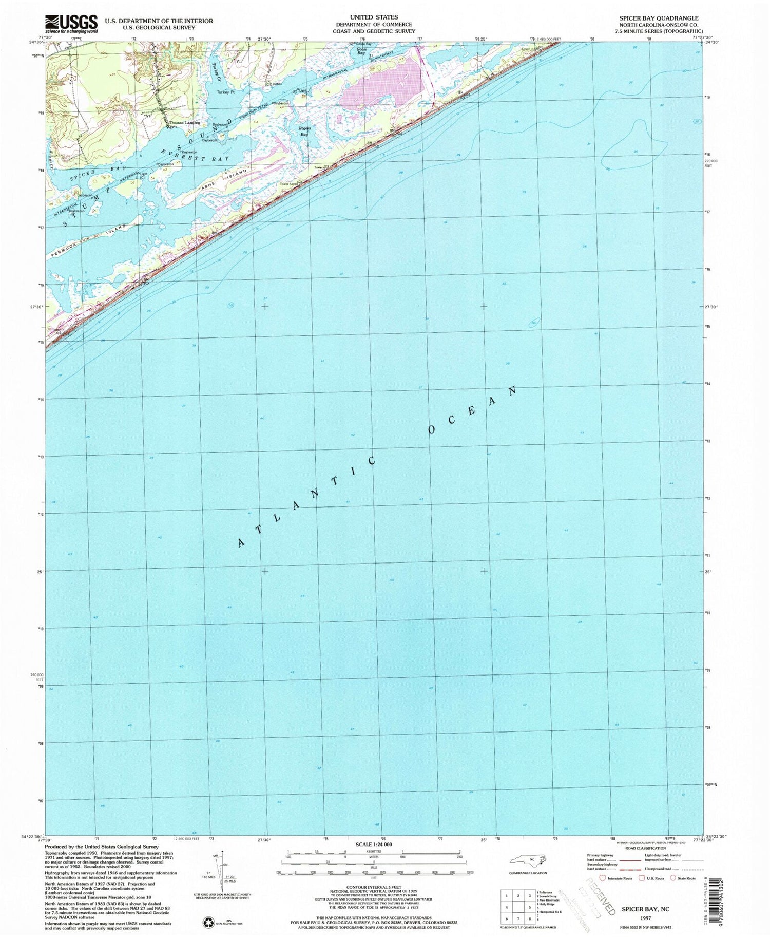 Classic USGS Spicer Bay North Carolina 7.5'x7.5' Topo Map Image