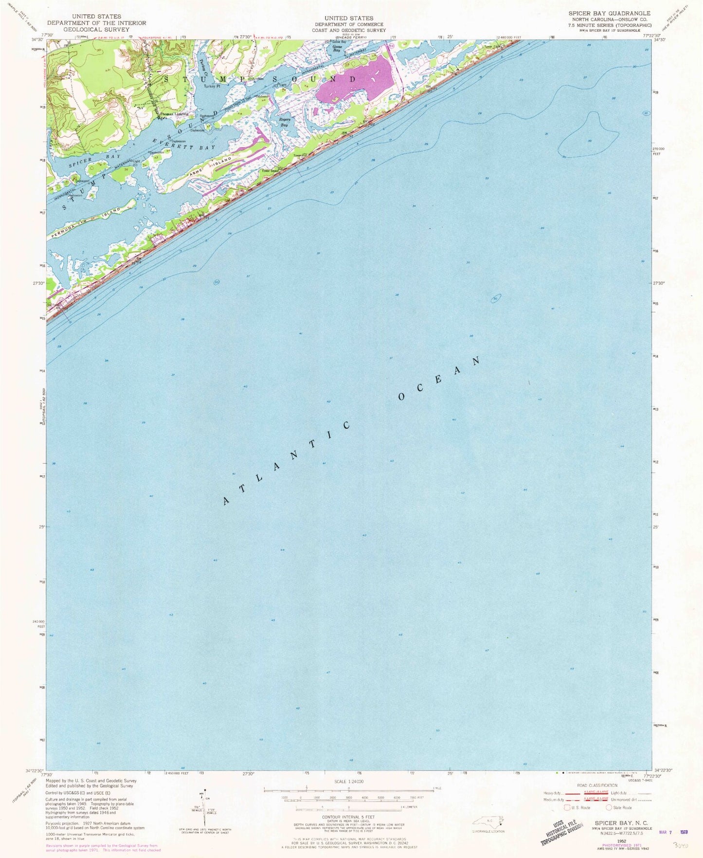 Classic USGS Spicer Bay North Carolina 7.5'x7.5' Topo Map Image