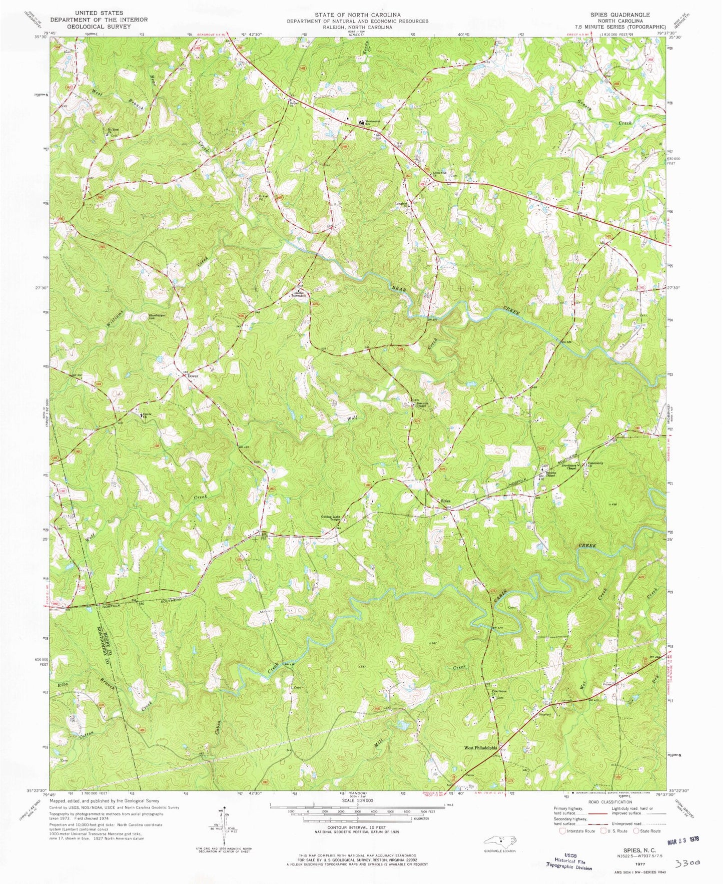 Classic USGS Spies North Carolina 7.5'x7.5' Topo Map Image