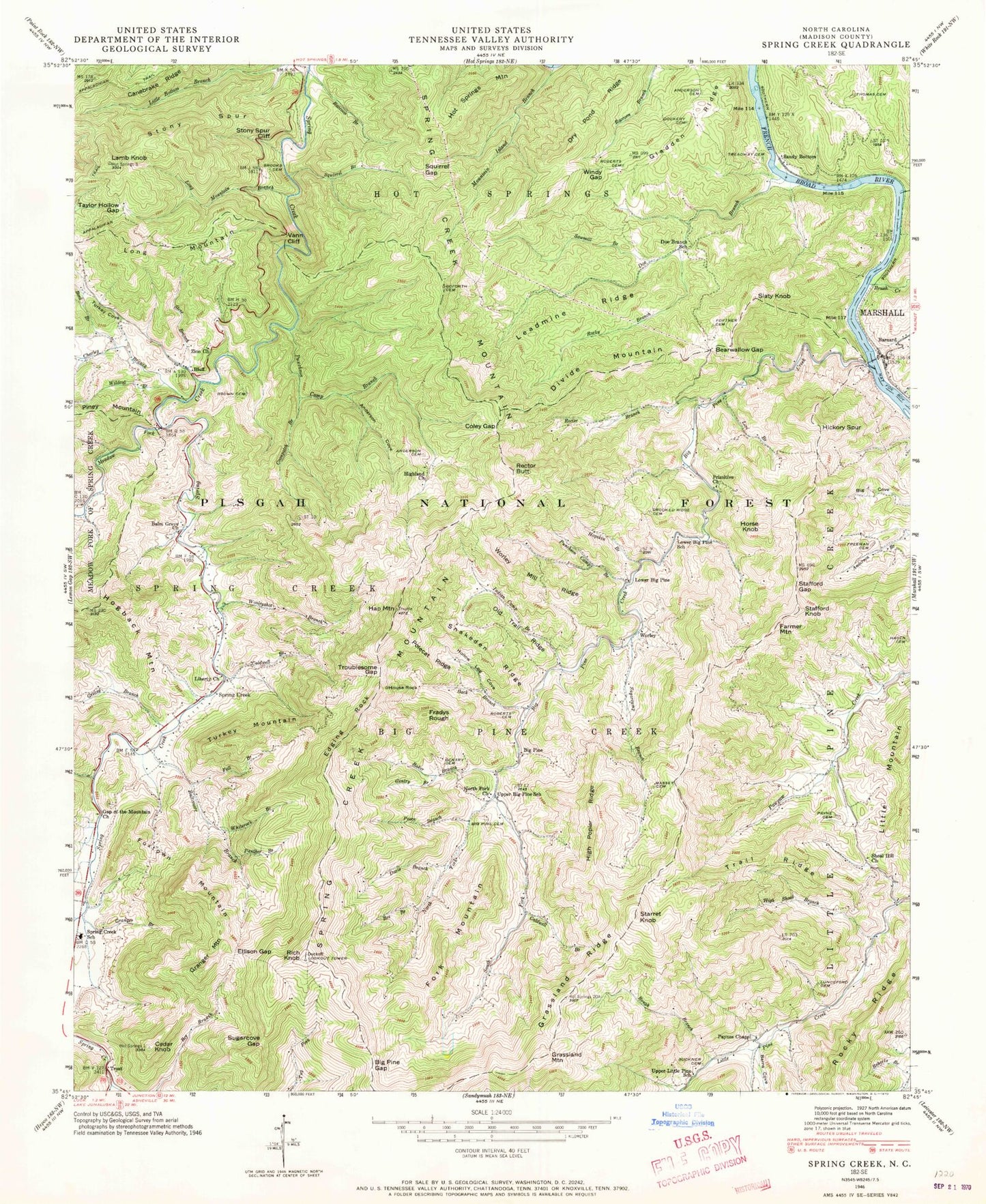 Classic USGS Spring Creek North Carolina 7.5'x7.5' Topo Map Image
