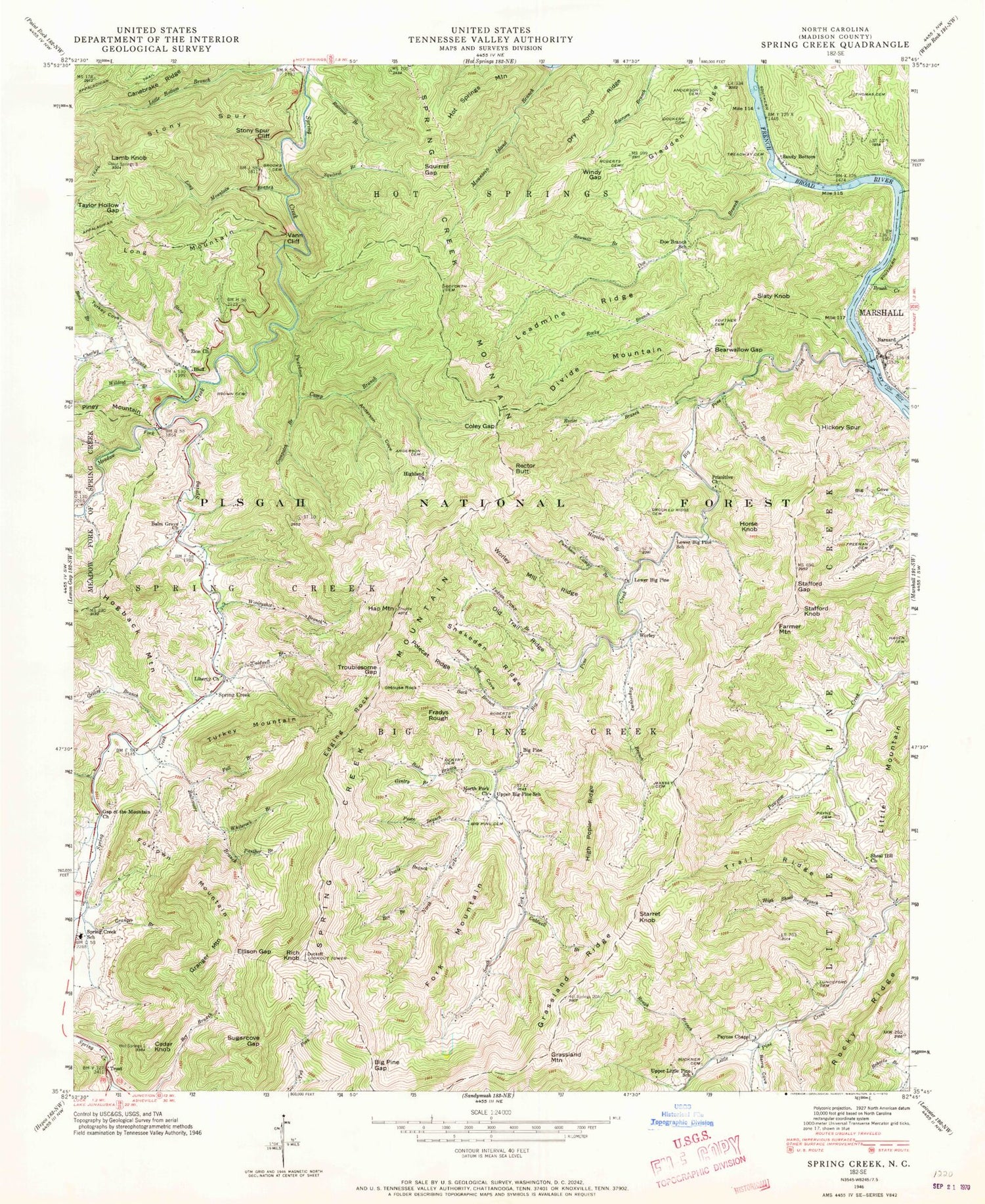 Classic USGS Spring Creek North Carolina 7.5'x7.5' Topo Map Image