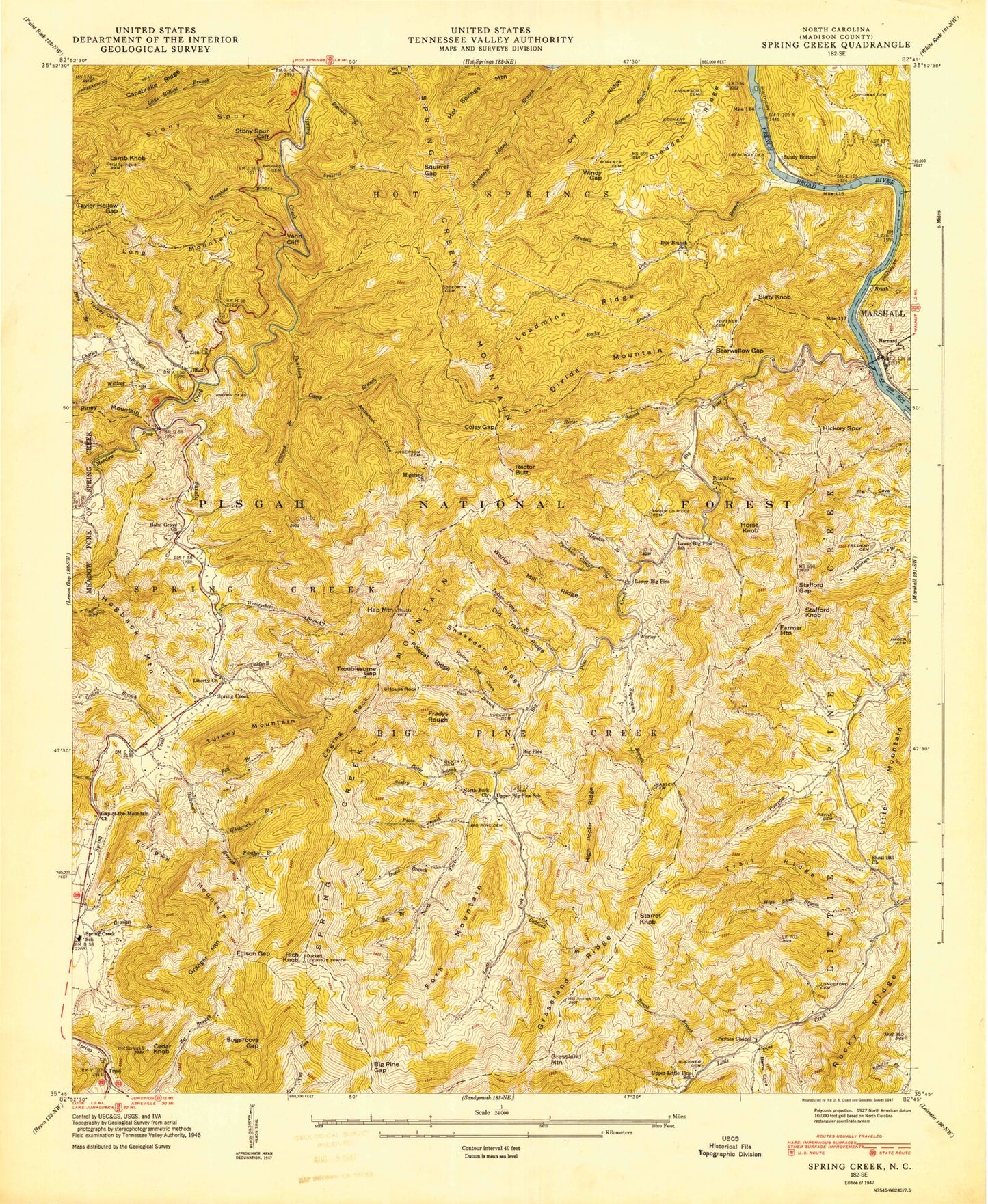 Classic USGS Spring Creek North Carolina 7.5'x7.5' Topo Map Image