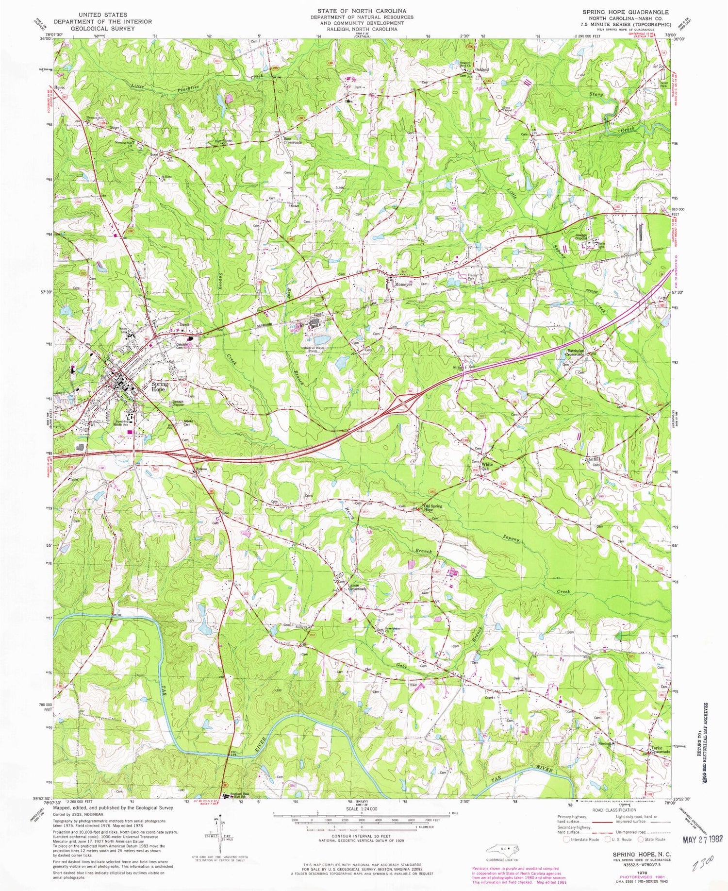 Classic USGS Spring Hope North Carolina 7.5'x7.5' Topo Map Image