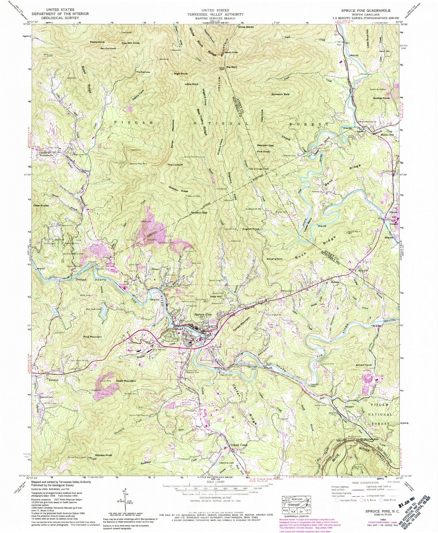 Classic USGS Spruce Pine North Carolina 7.5'x7.5' Topo Map Image