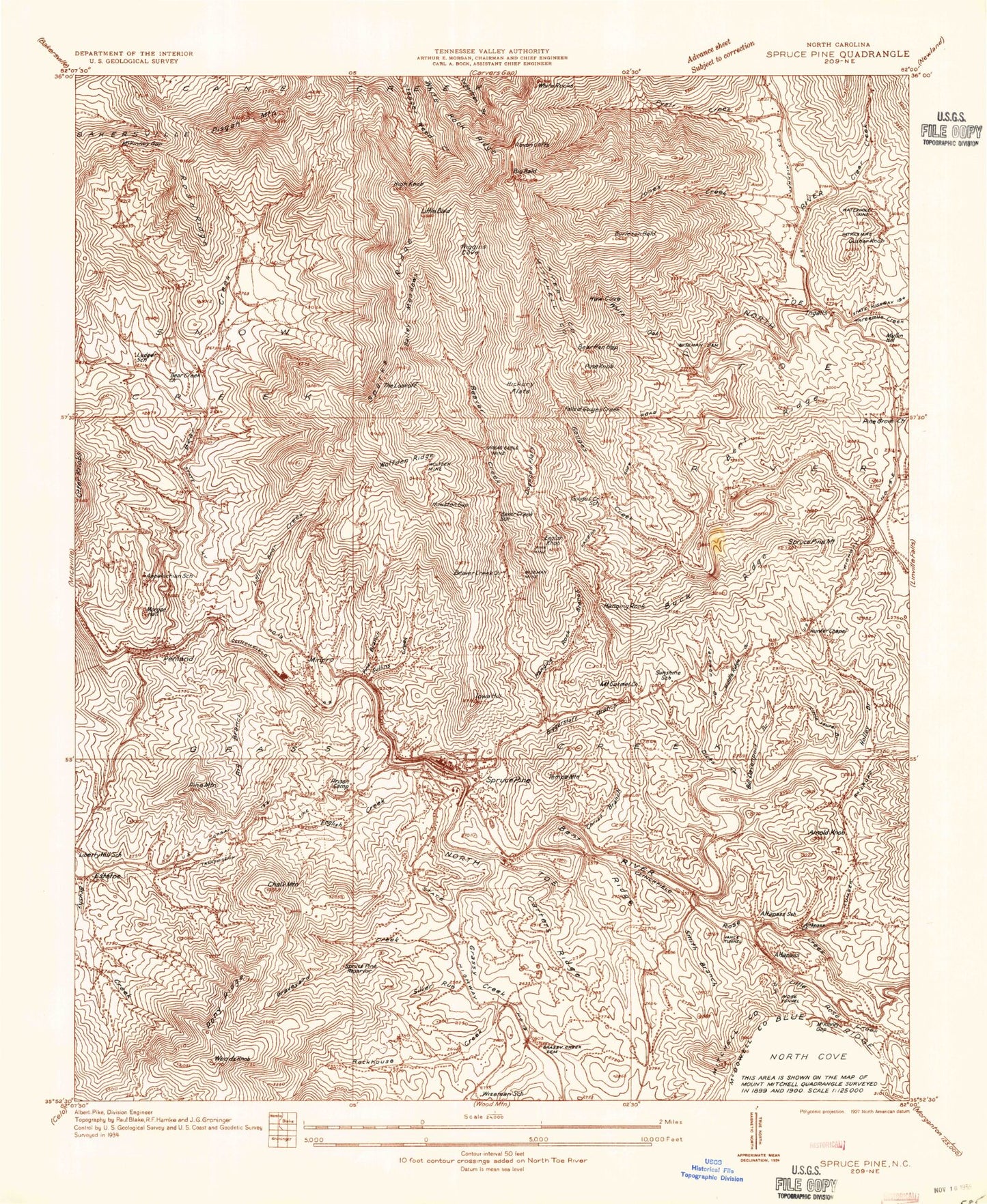 Classic USGS Spruce Pine North Carolina 7.5'x7.5' Topo Map Image