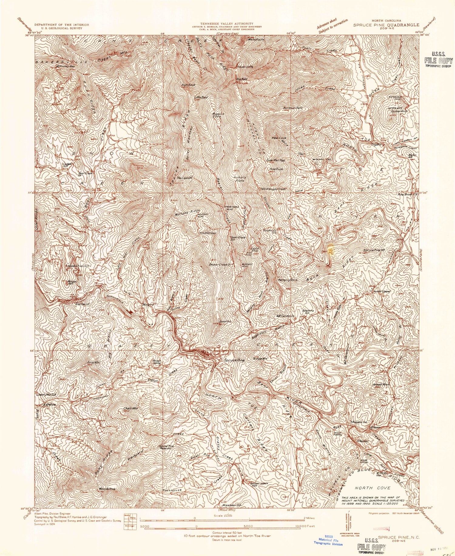 Classic USGS Spruce Pine North Carolina 7.5'x7.5' Topo Map Image