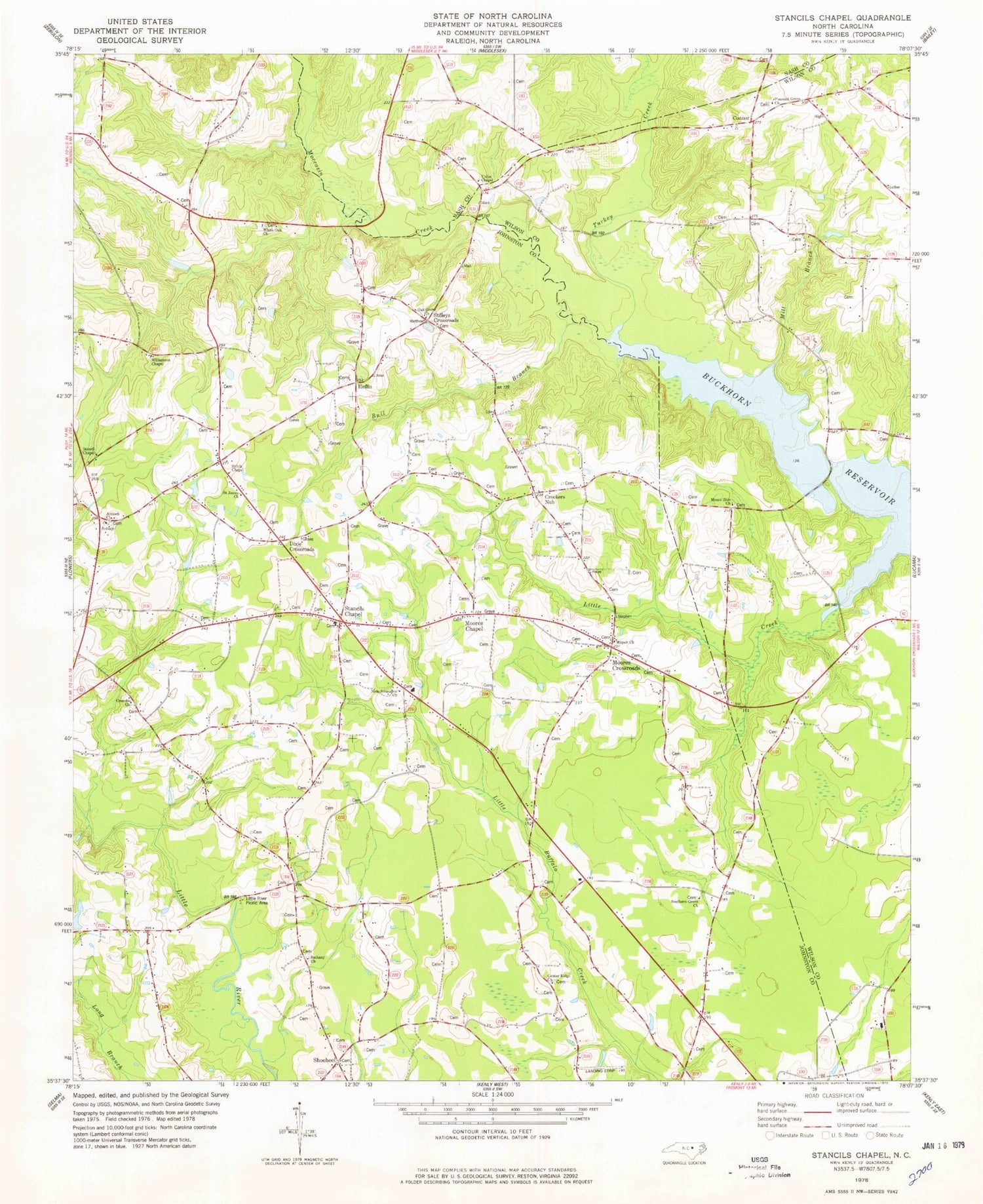 Classic USGS Stancils Chapel North Carolina 7.5'x7.5' Topo Map Image