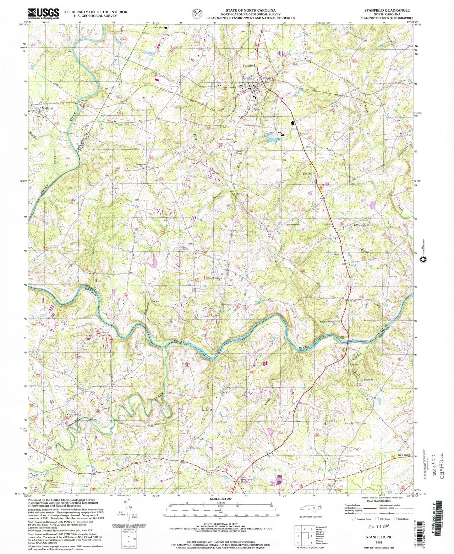 Classic USGS Stanfield North Carolina 7.5'x7.5' Topo Map Image