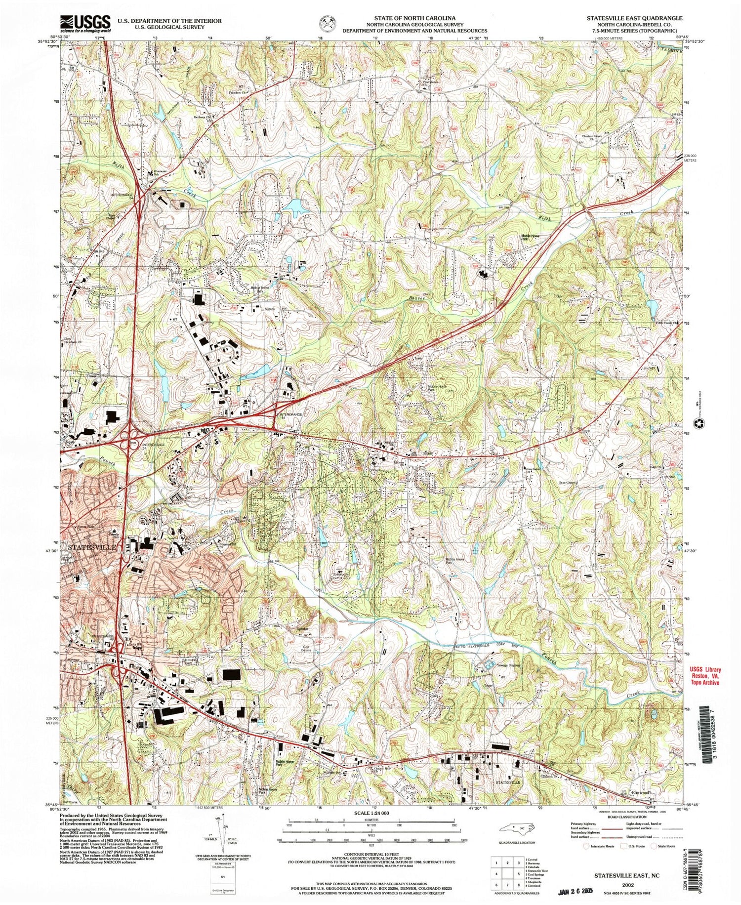 Classic USGS Statesville East North Carolina 7.5'x7.5' Topo Map Image