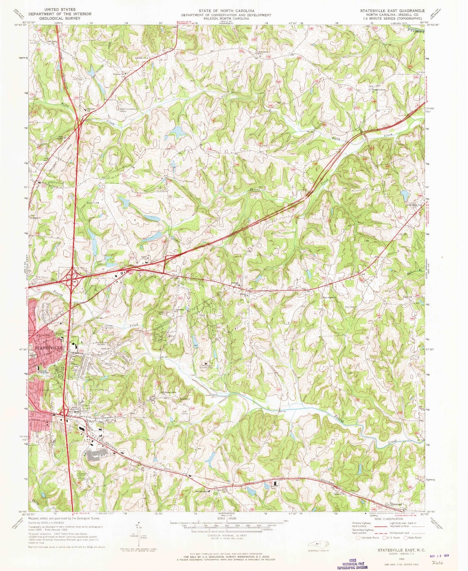 Classic USGS Statesville East North Carolina 7.5'x7.5' Topo Map Image