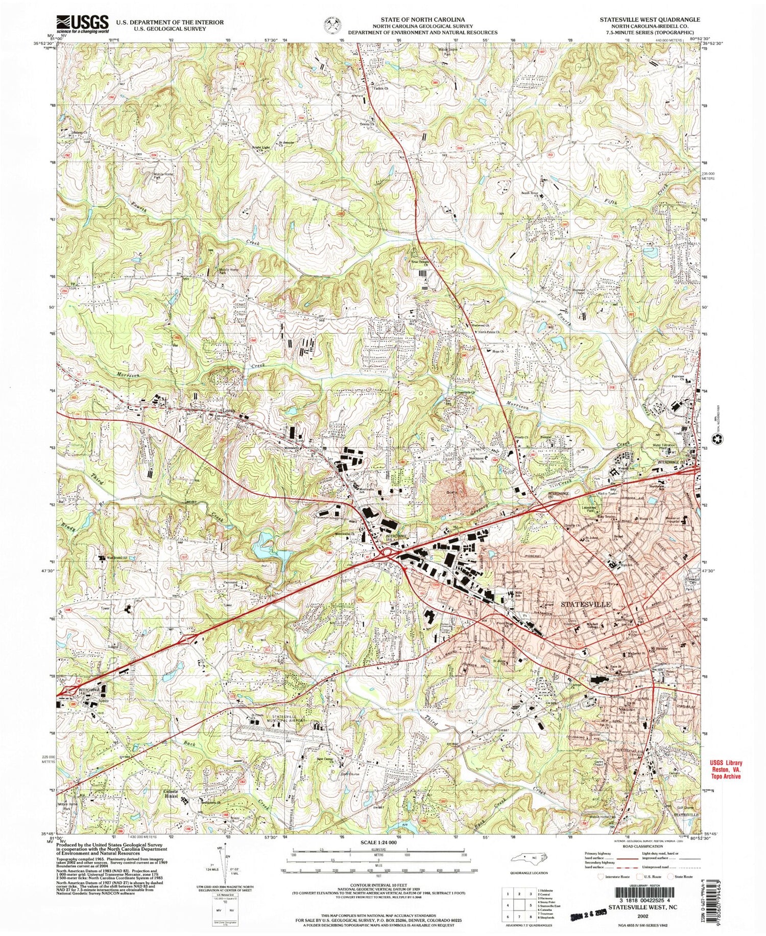 Classic USGS Statesville West North Carolina 7.5'x7.5' Topo Map Image