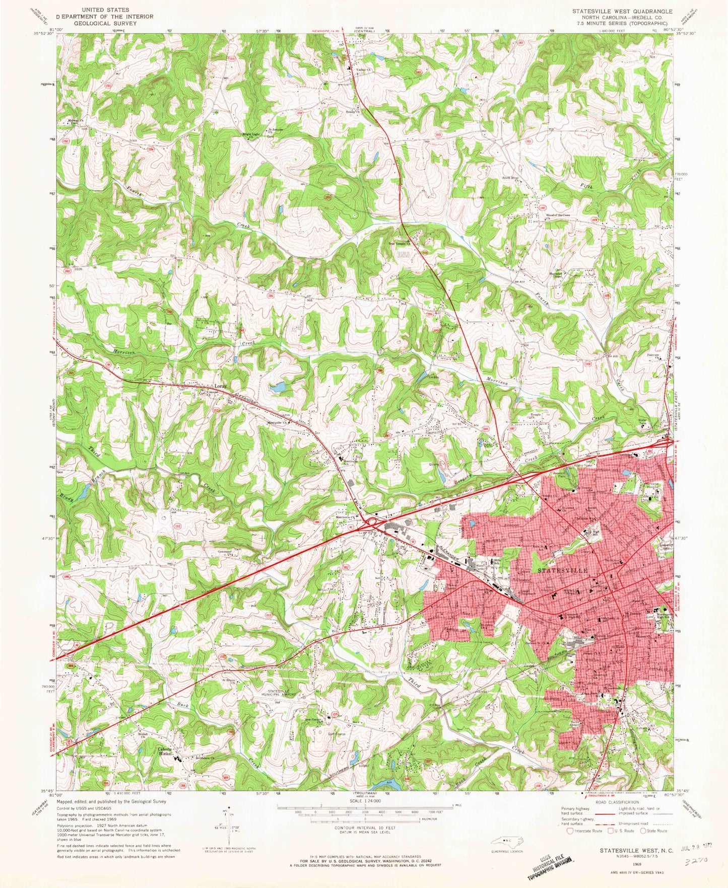 Classic USGS Statesville West North Carolina 7.5'x7.5' Topo Map Image