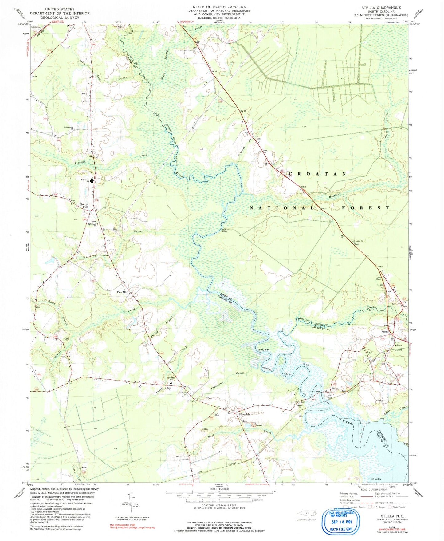 Classic USGS Stella North Carolina 7.5'x7.5' Topo Map Image