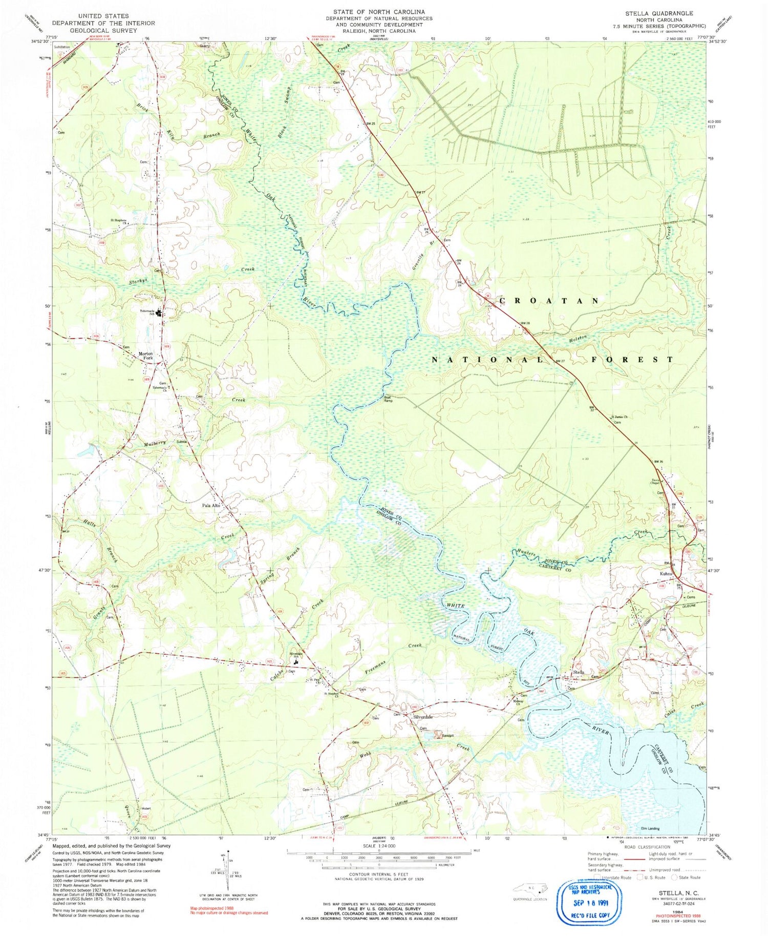 Classic USGS Stella North Carolina 7.5'x7.5' Topo Map Image