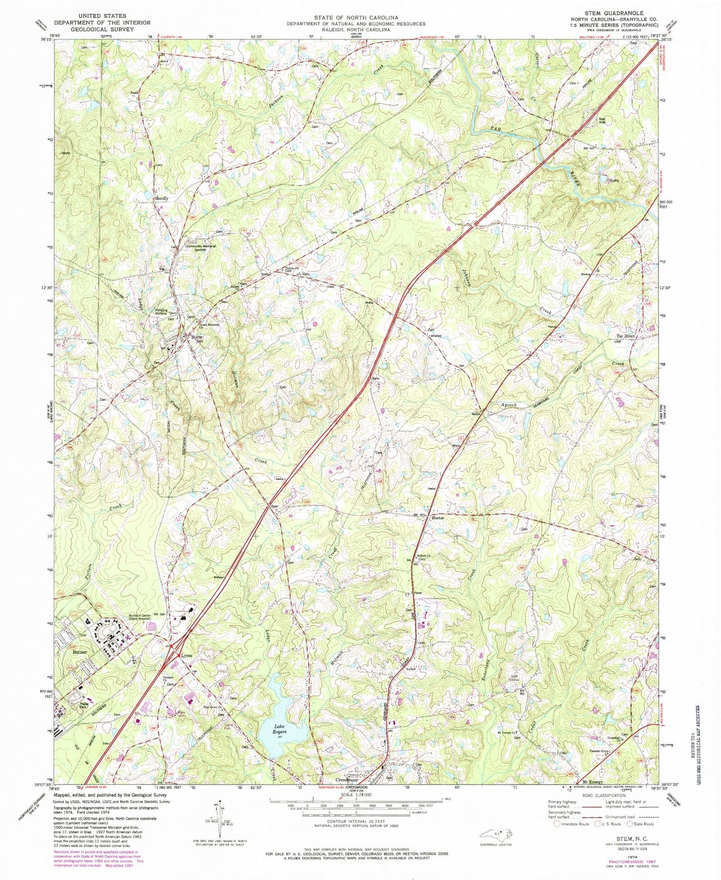 Classic USGS Stem North Carolina 7.5'x7.5' Topo Map Image