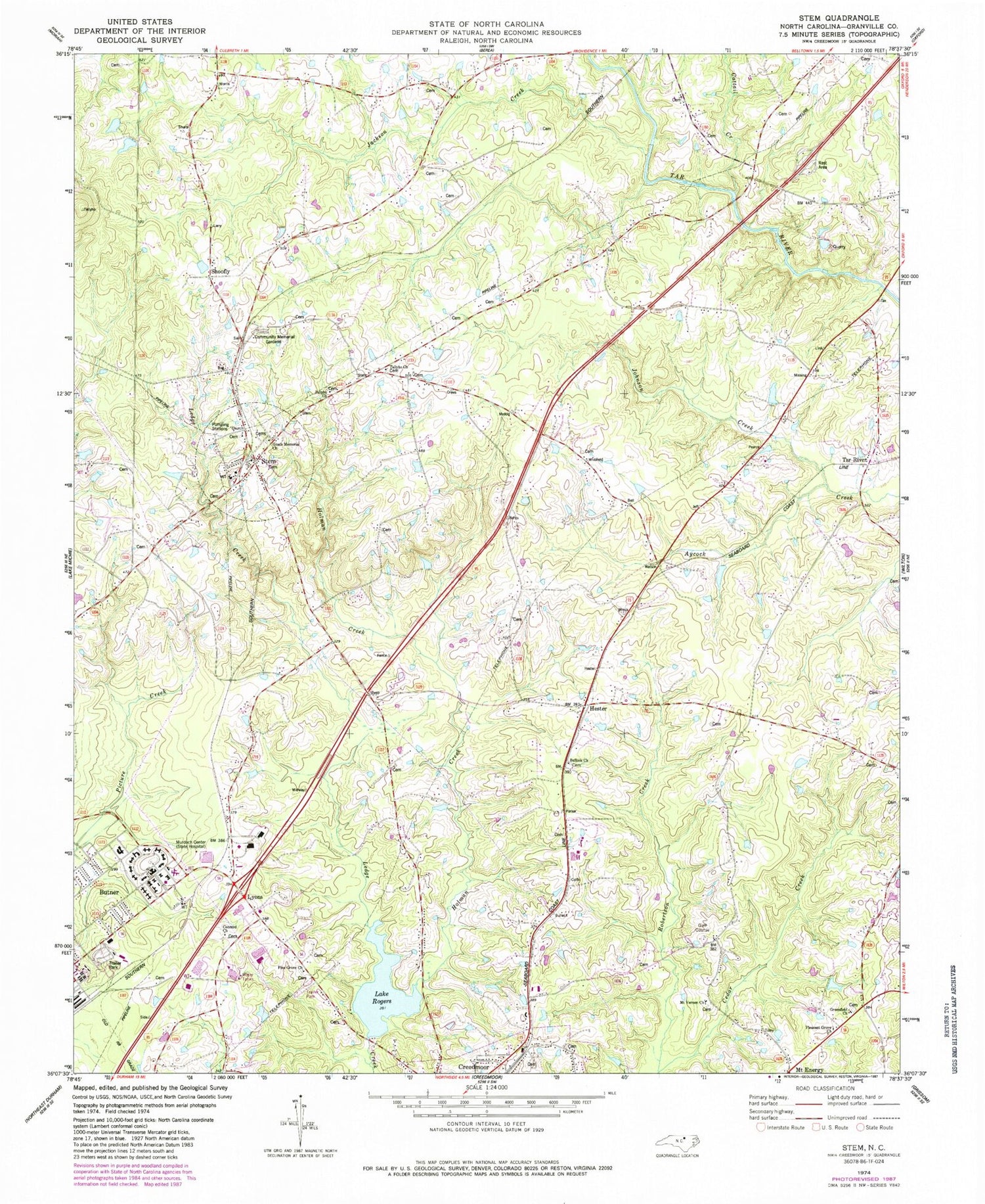 Classic USGS Stem North Carolina 7.5'x7.5' Topo Map Image