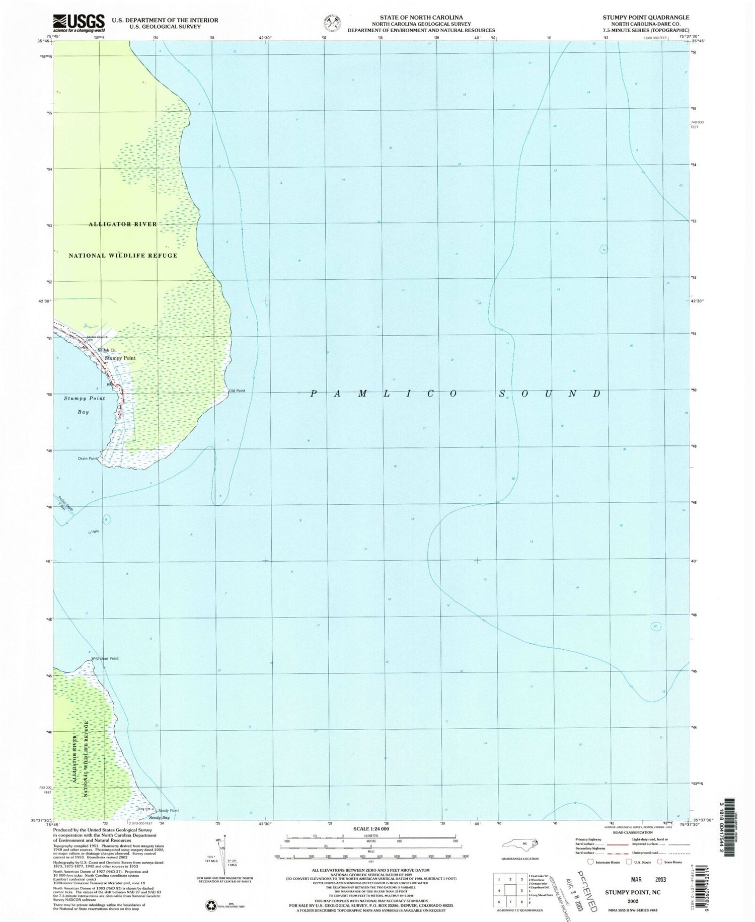 Classic USGS Stumpy Point North Carolina 7.5'x7.5' Topo Map Image