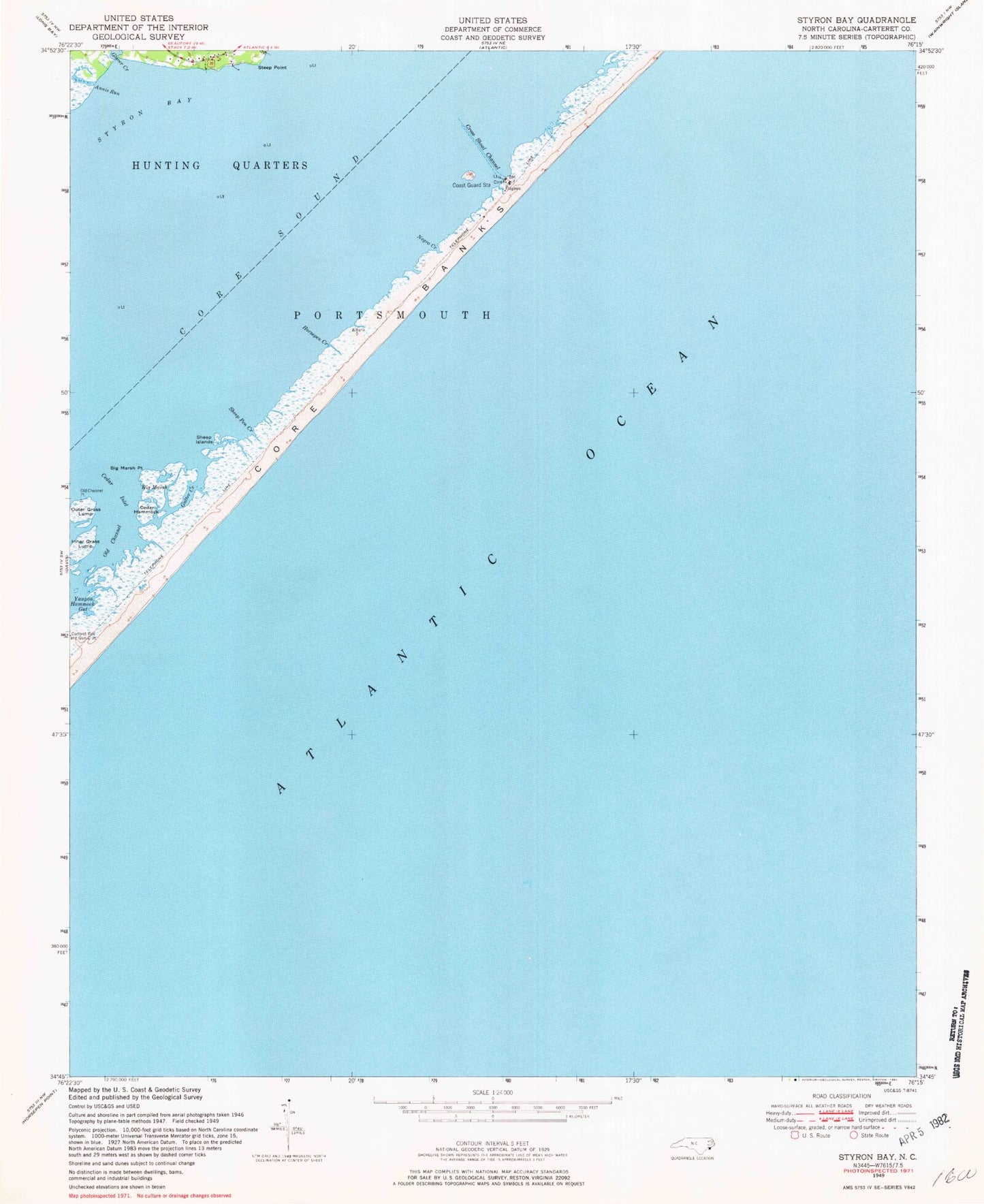 Classic USGS Styron Bay North Carolina 7.5'x7.5' Topo Map Image