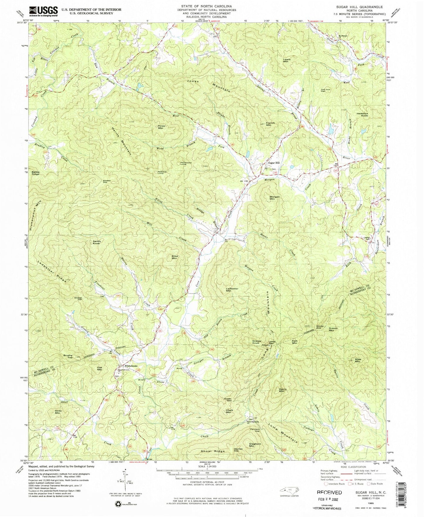 Classic USGS Sugar Hill North Carolina 7.5'x7.5' Topo Map Image
