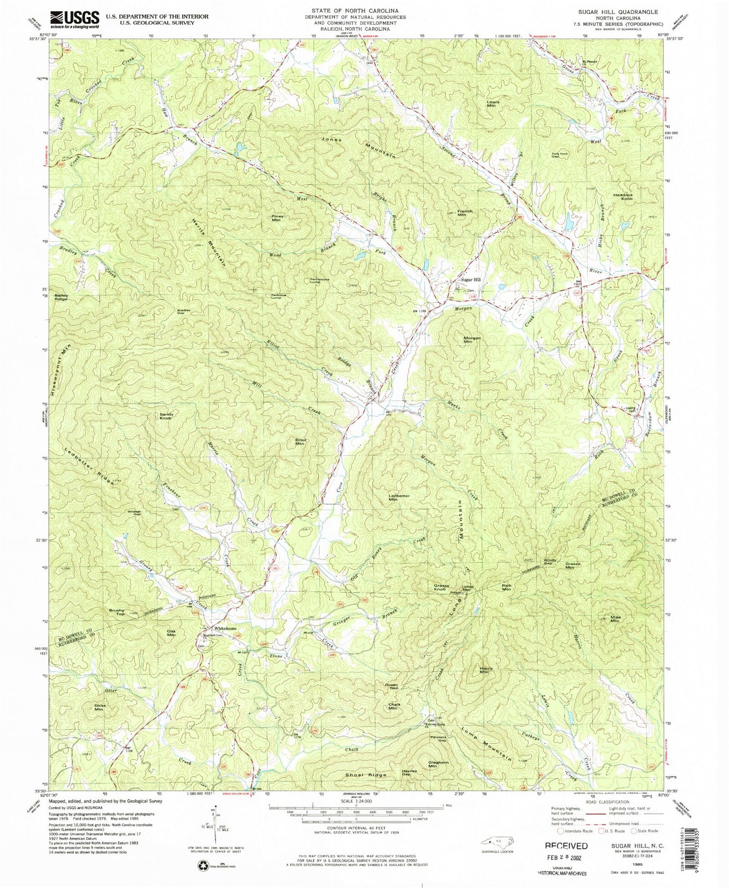 Classic USGS Sugar Hill North Carolina 7.5'x7.5' Topo Map Image