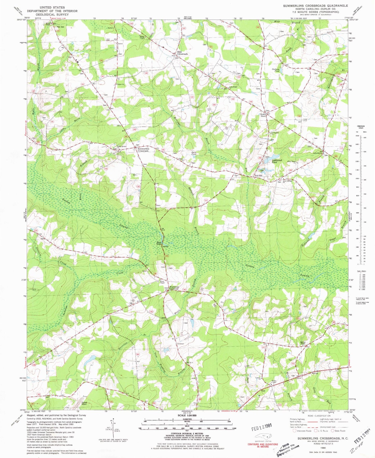 Classic USGS Summerlins Crossroads North Carolina 7.5'x7.5' Topo Map Image