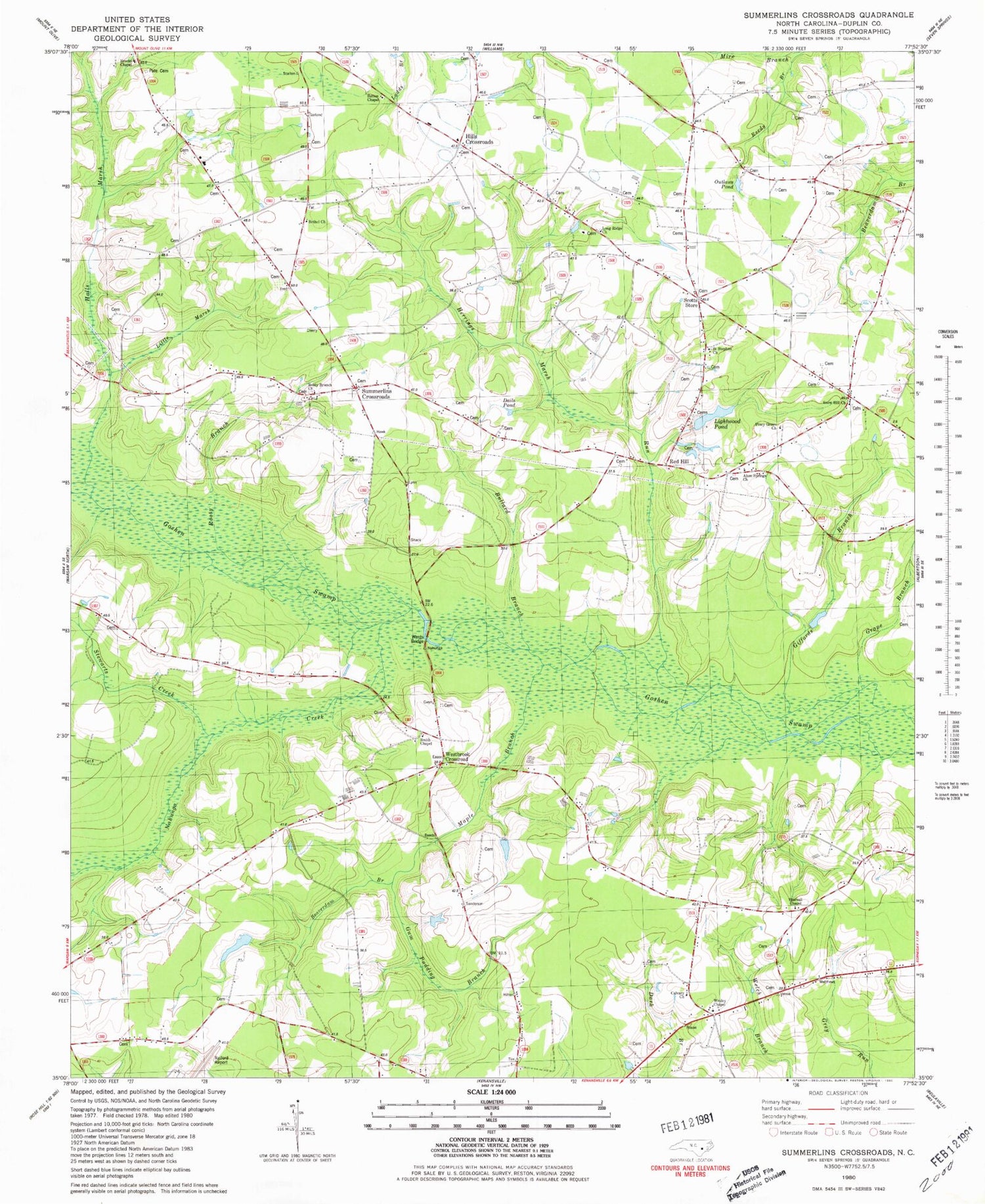 Classic USGS Summerlins Crossroads North Carolina 7.5'x7.5' Topo Map Image