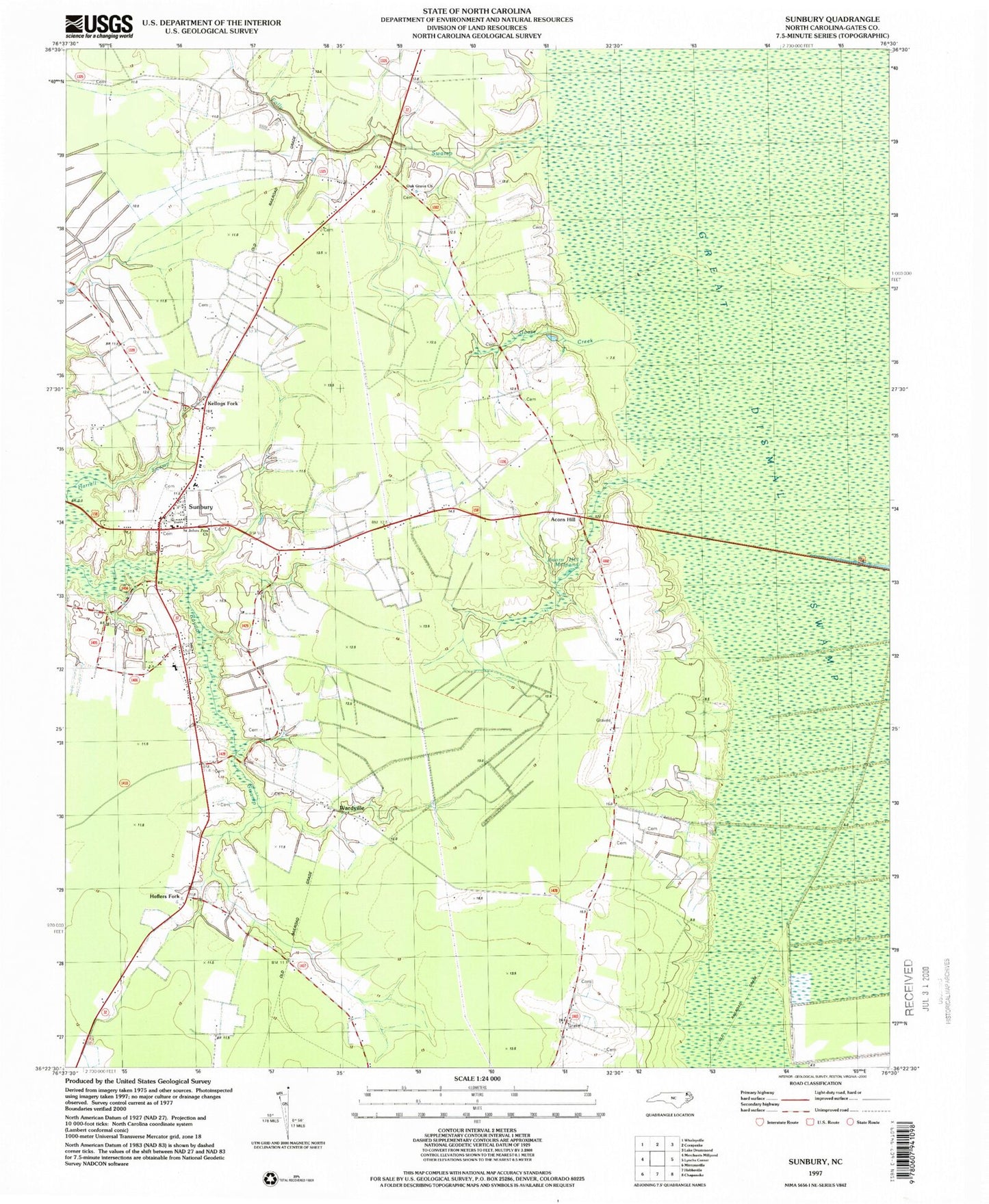 Classic USGS Sunbury North Carolina 7.5'x7.5' Topo Map Image