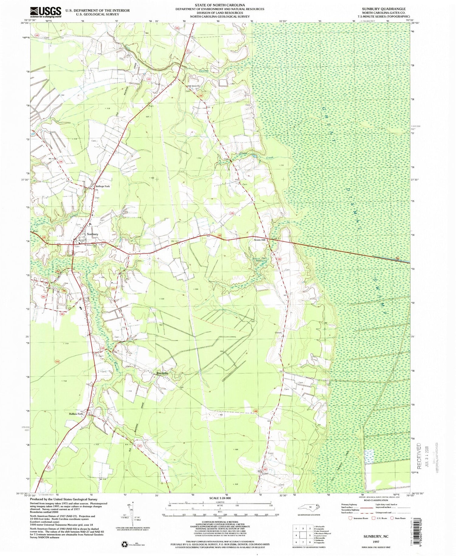 Classic USGS Sunbury North Carolina 7.5'x7.5' Topo Map Image