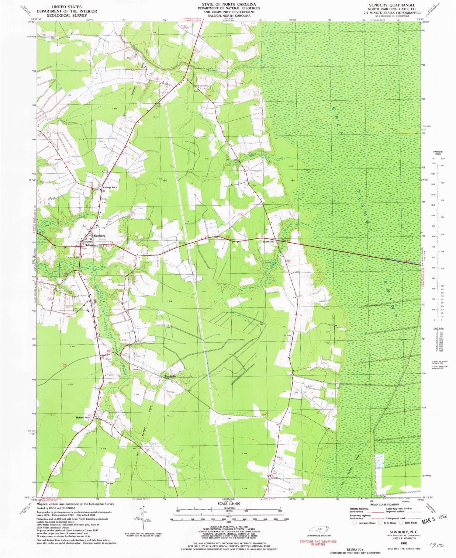 Classic USGS Sunbury North Carolina 7.5'x7.5' Topo Map Image