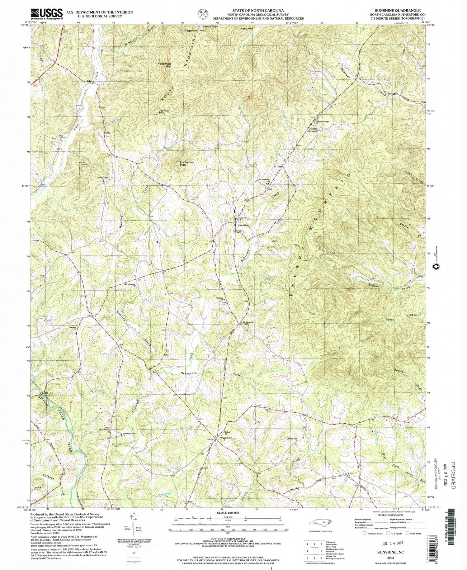 Classic USGS Sunshine North Carolina 7.5'x7.5' Topo Map Image