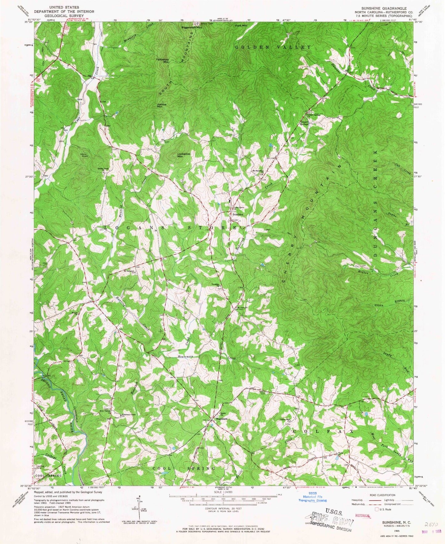 Classic USGS Sunshine North Carolina 7.5'x7.5' Topo Map Image
