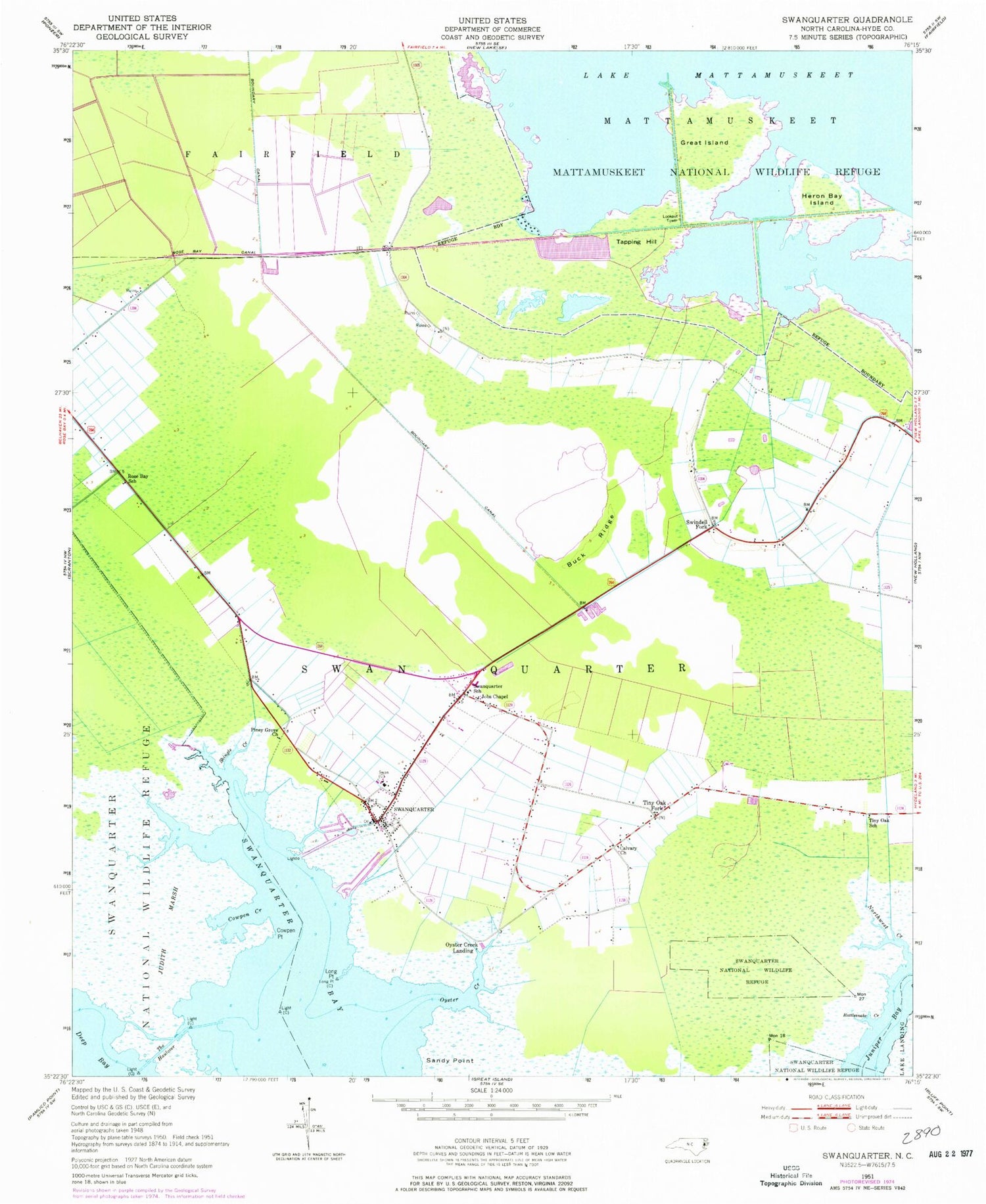 Classic USGS Swanquarter North Carolina 7.5'x7.5' Topo Map Image