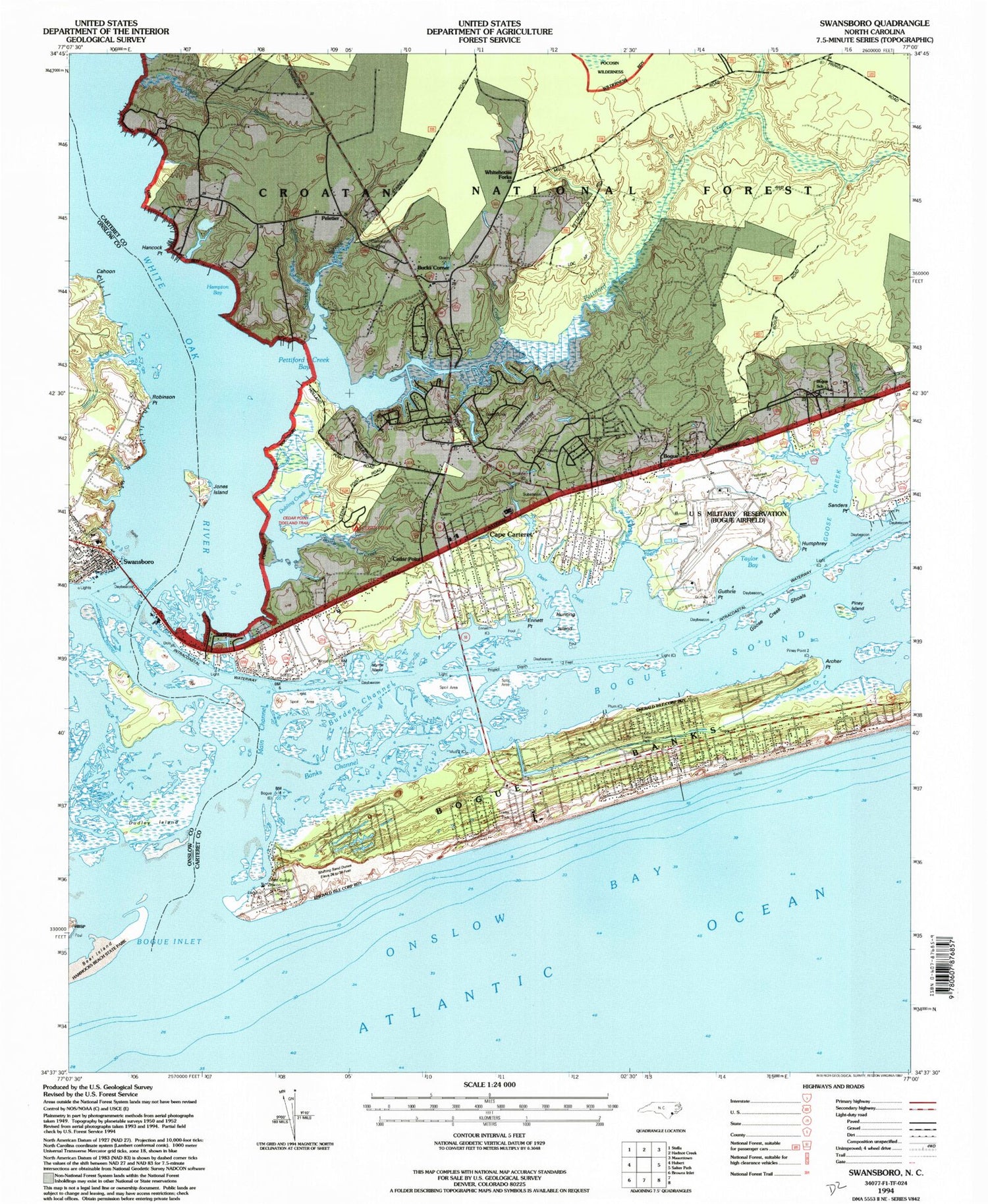 Classic USGS Swansboro North Carolina 7.5'x7.5' Topo Map Image