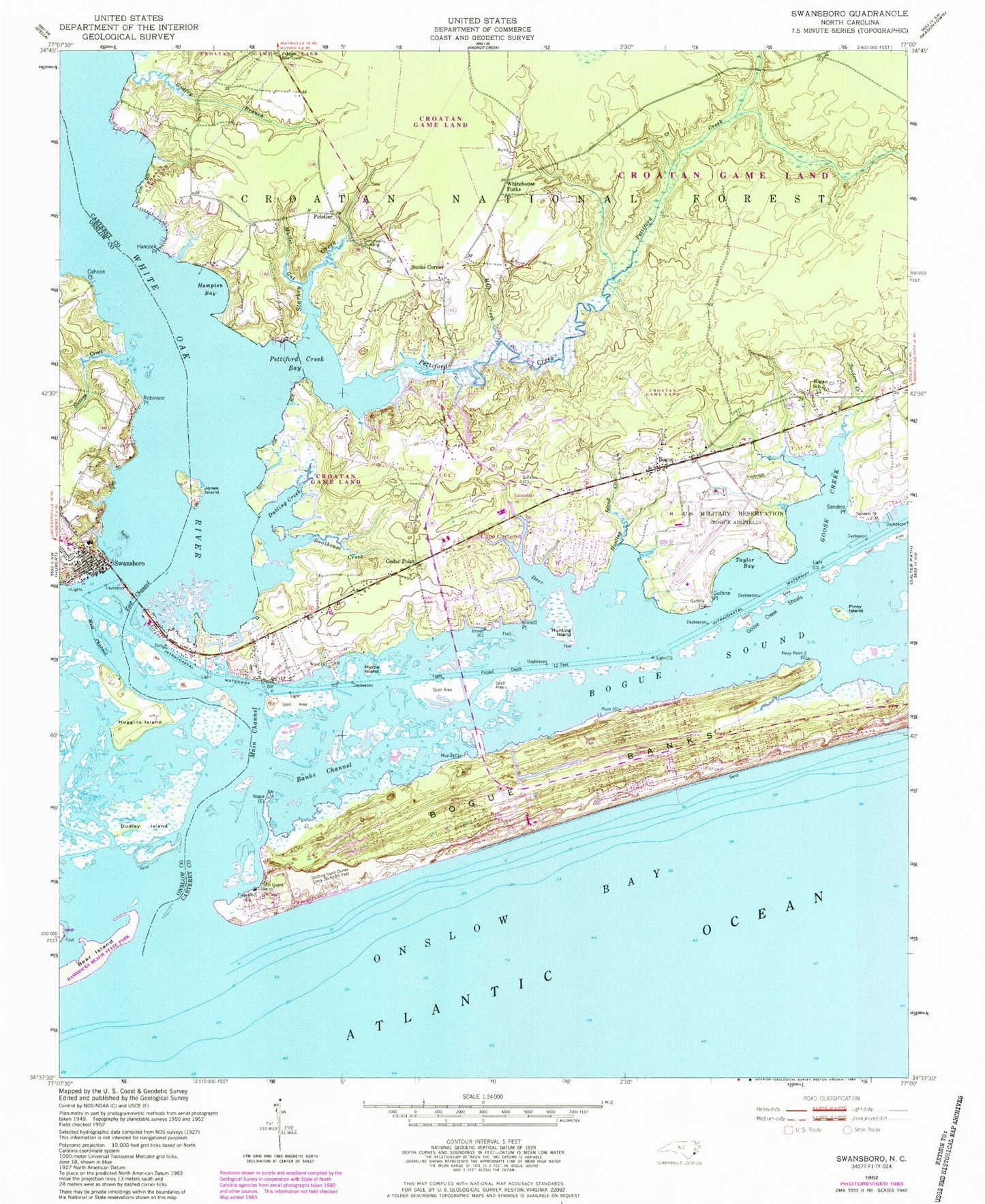 Classic USGS Swansboro North Carolina 7.5'x7.5' Topo Map Image