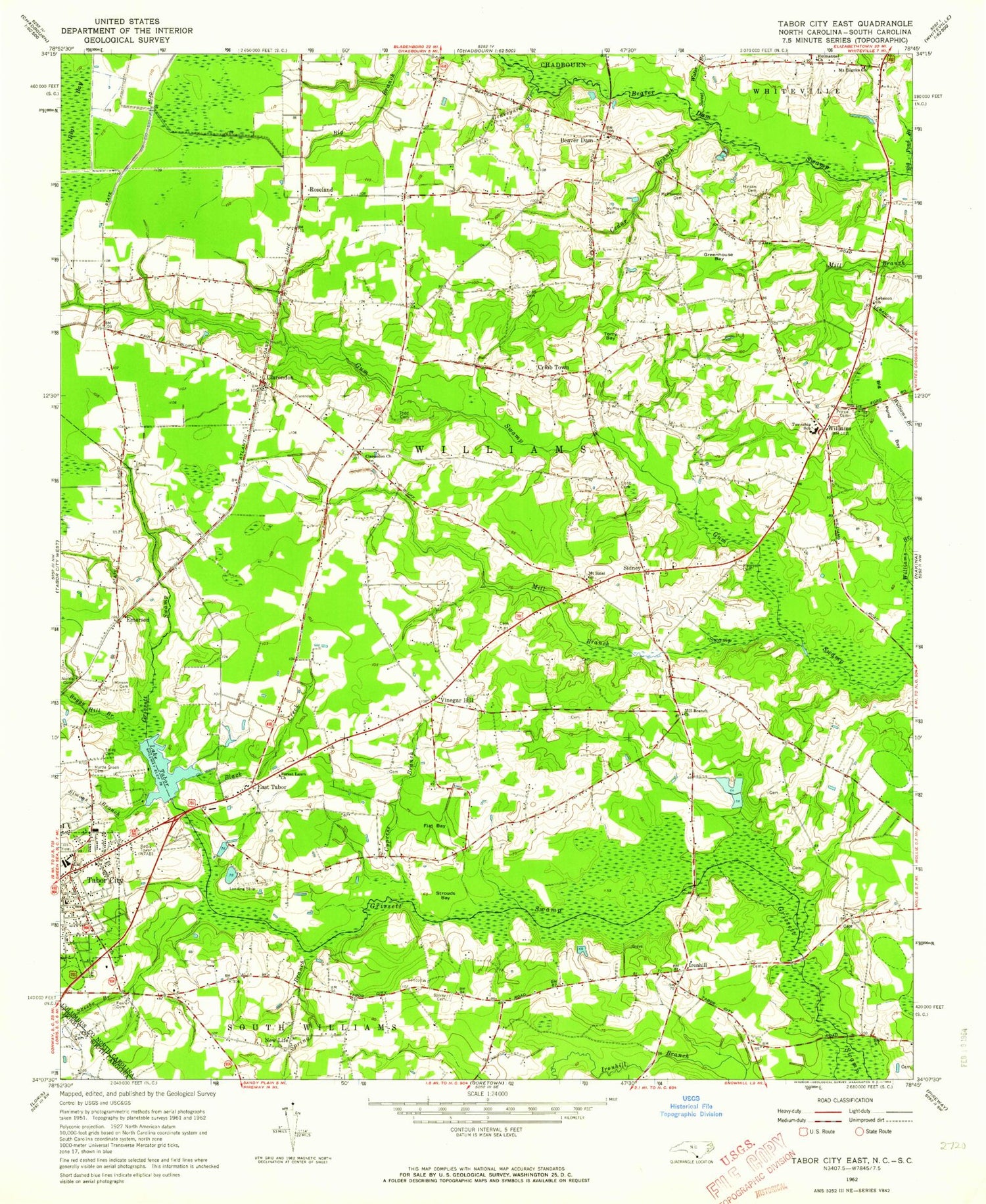 Classic USGS Tabor City East North Carolina 7.5'x7.5' Topo Map Image