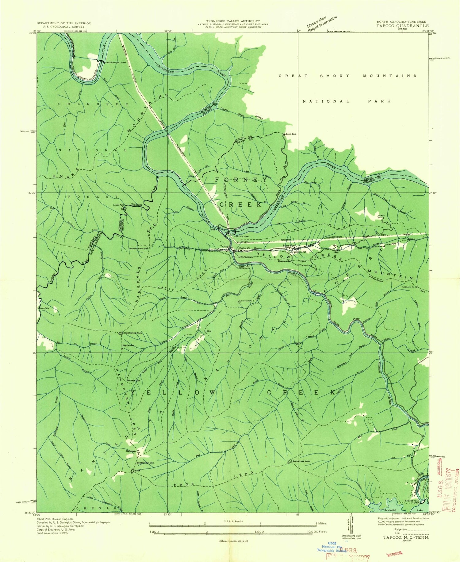 Classic USGS Tapoco North Carolina 7.5'x7.5' Topo Map Image
