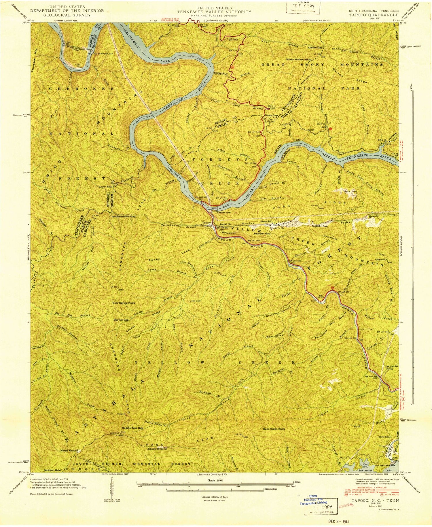 Classic USGS Tapoco North Carolina 7.5'x7.5' Topo Map Image