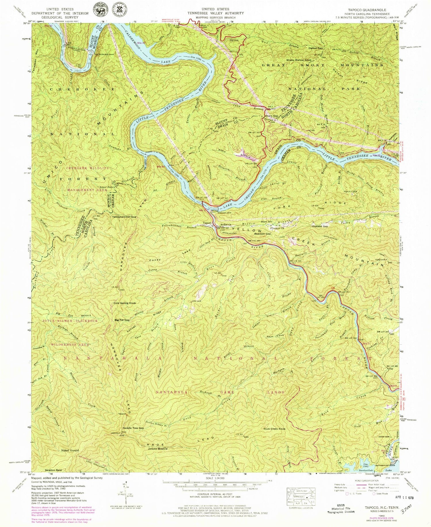Classic USGS Tapoco North Carolina 7.5'x7.5' Topo Map Image