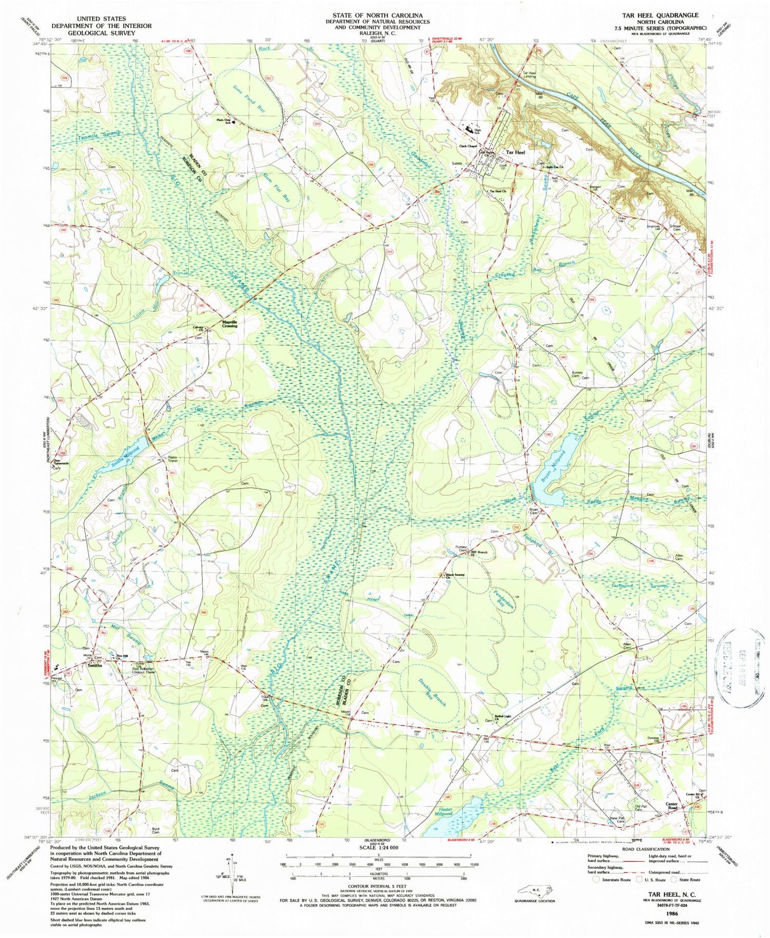Classic USGS Tar Heel North Carolina 7.5'x7.5' Topo Map Image