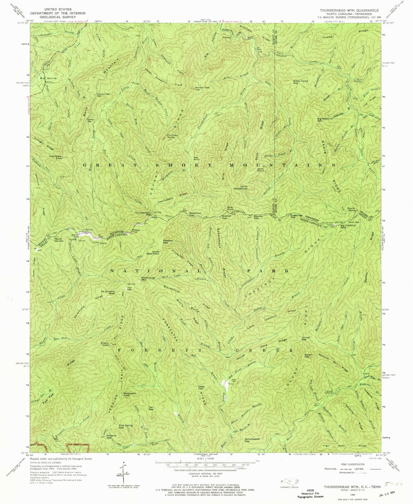 Classic USGS Thunderhead Mountain North Carolina 7.5'x7.5' Topo Map Image