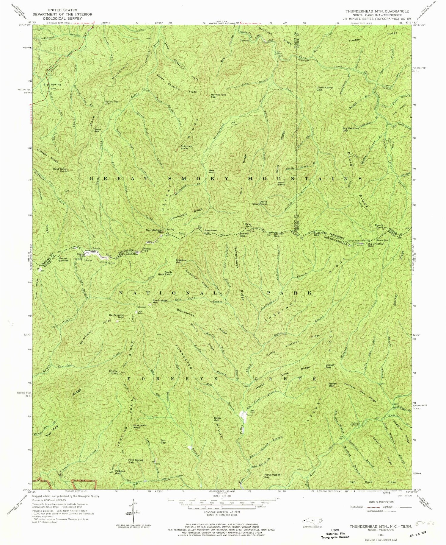 Classic USGS Thunderhead Mountain North Carolina 7.5'x7.5' Topo Map Image