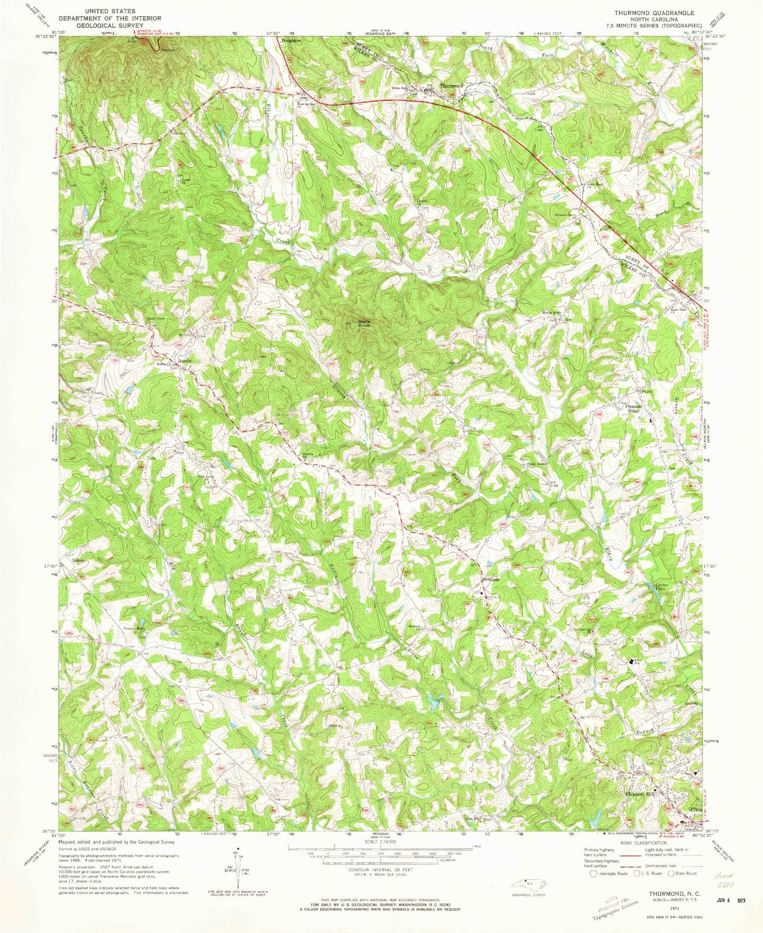 Classic USGS Thurmond North Carolina 7.5'x7.5' Topo Map Image