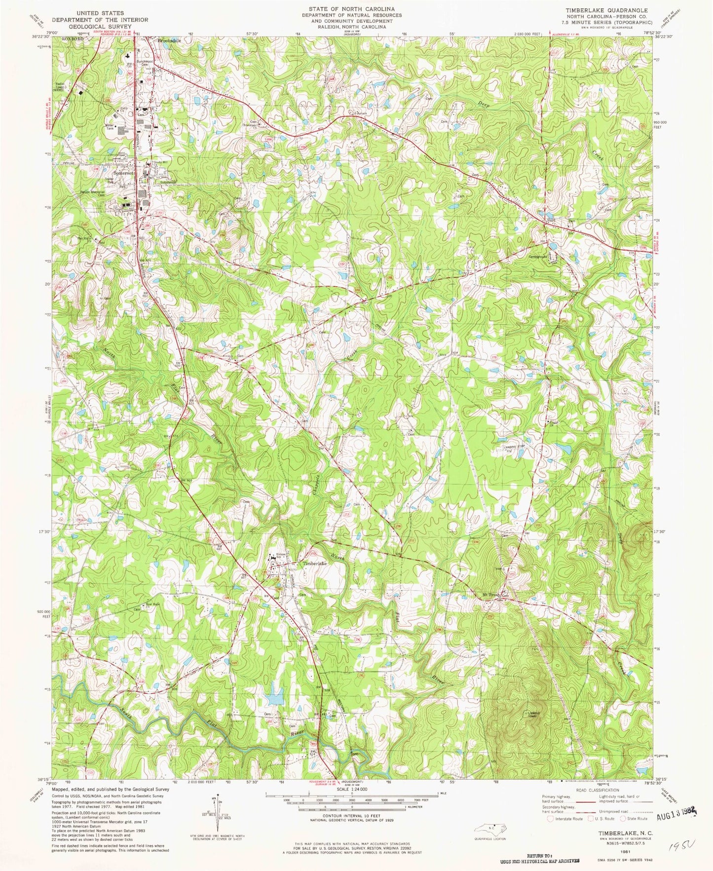 Classic USGS Timberlake North Carolina 7.5'x7.5' Topo Map Image