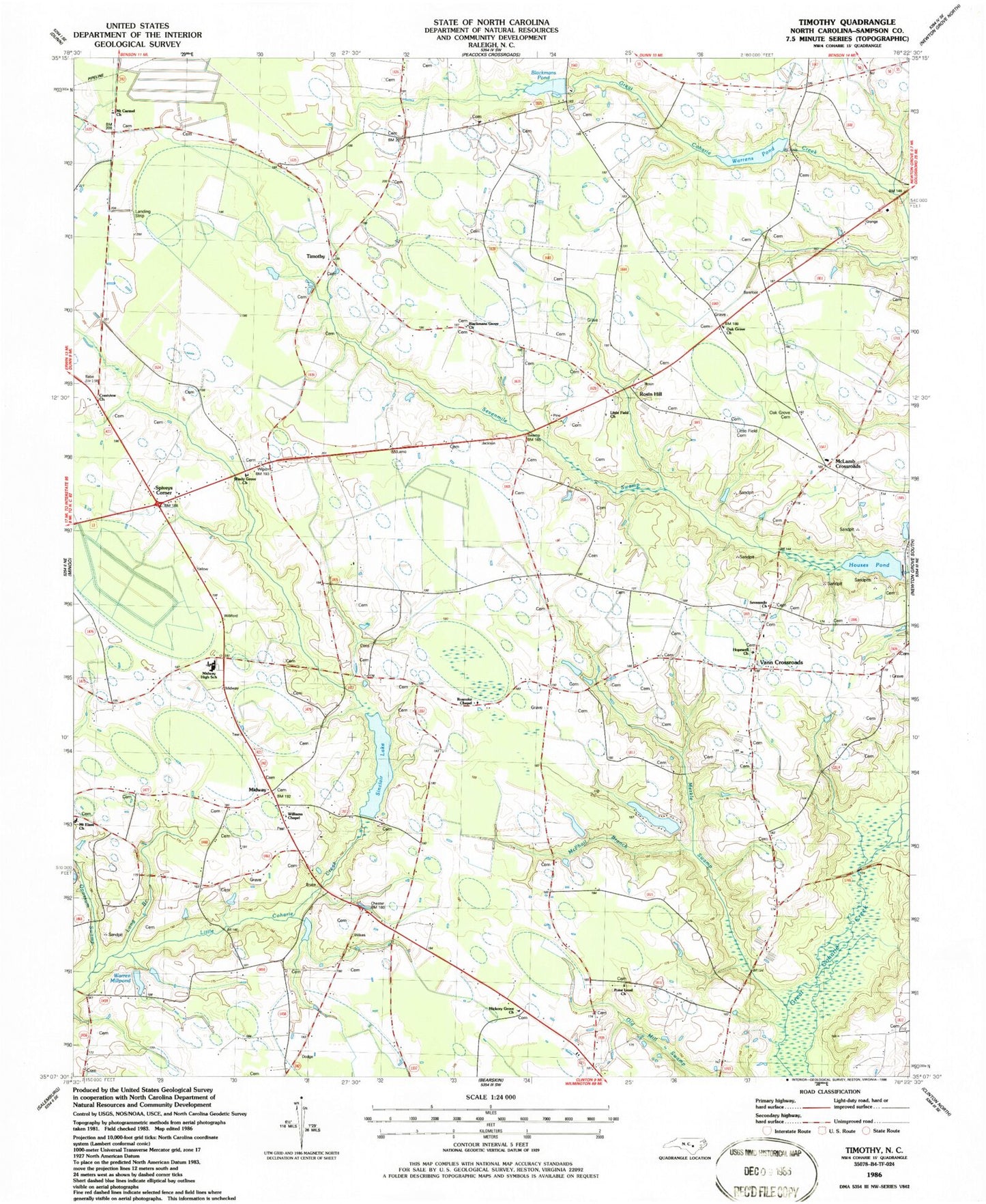Classic USGS Timothy North Carolina 7.5'x7.5' Topo Map Image