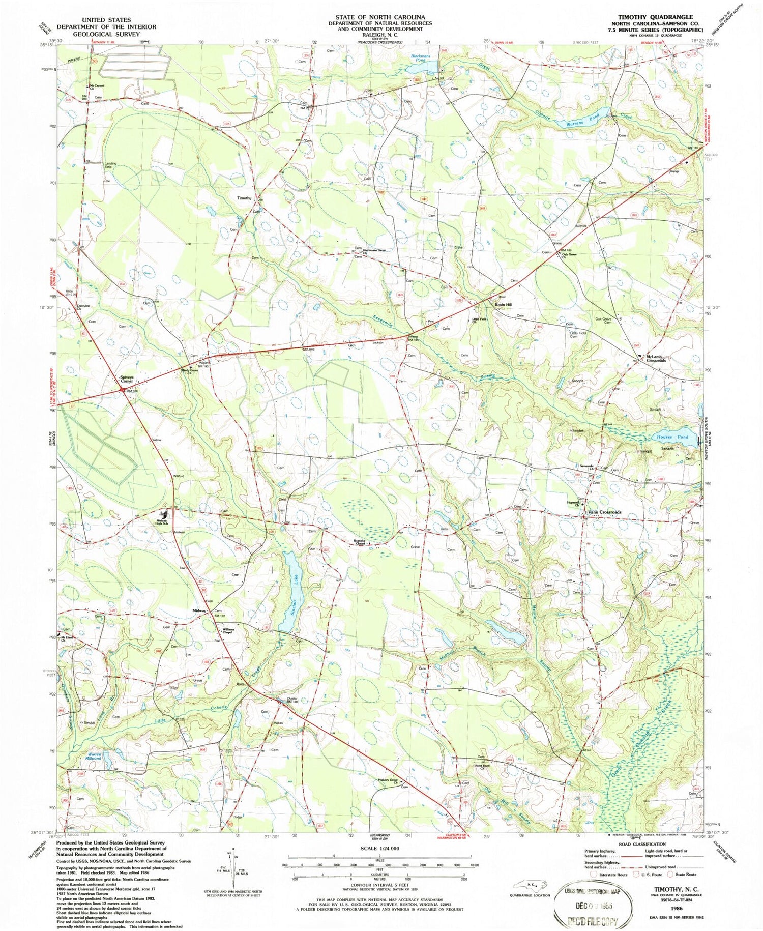 Classic USGS Timothy North Carolina 7.5'x7.5' Topo Map Image