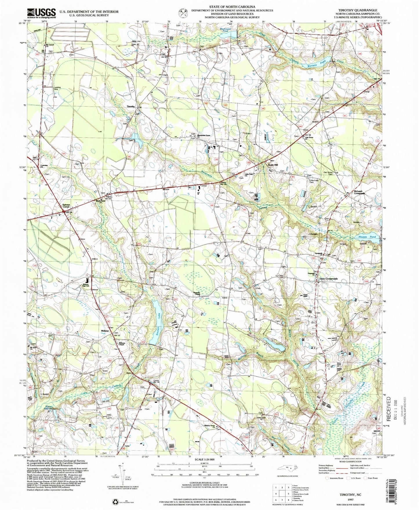 Classic USGS Timothy North Carolina 7.5'x7.5' Topo Map Image
