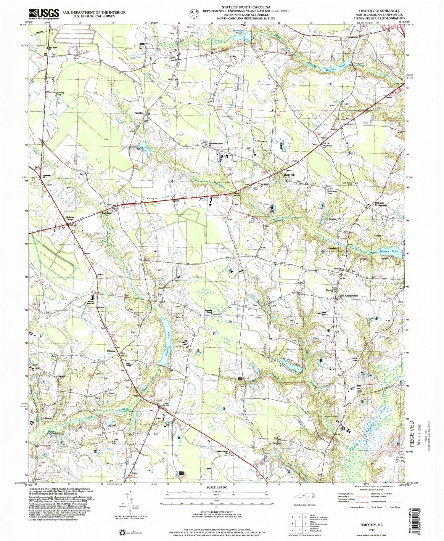 Classic USGS Timothy North Carolina 7.5'x7.5' Topo Map Image