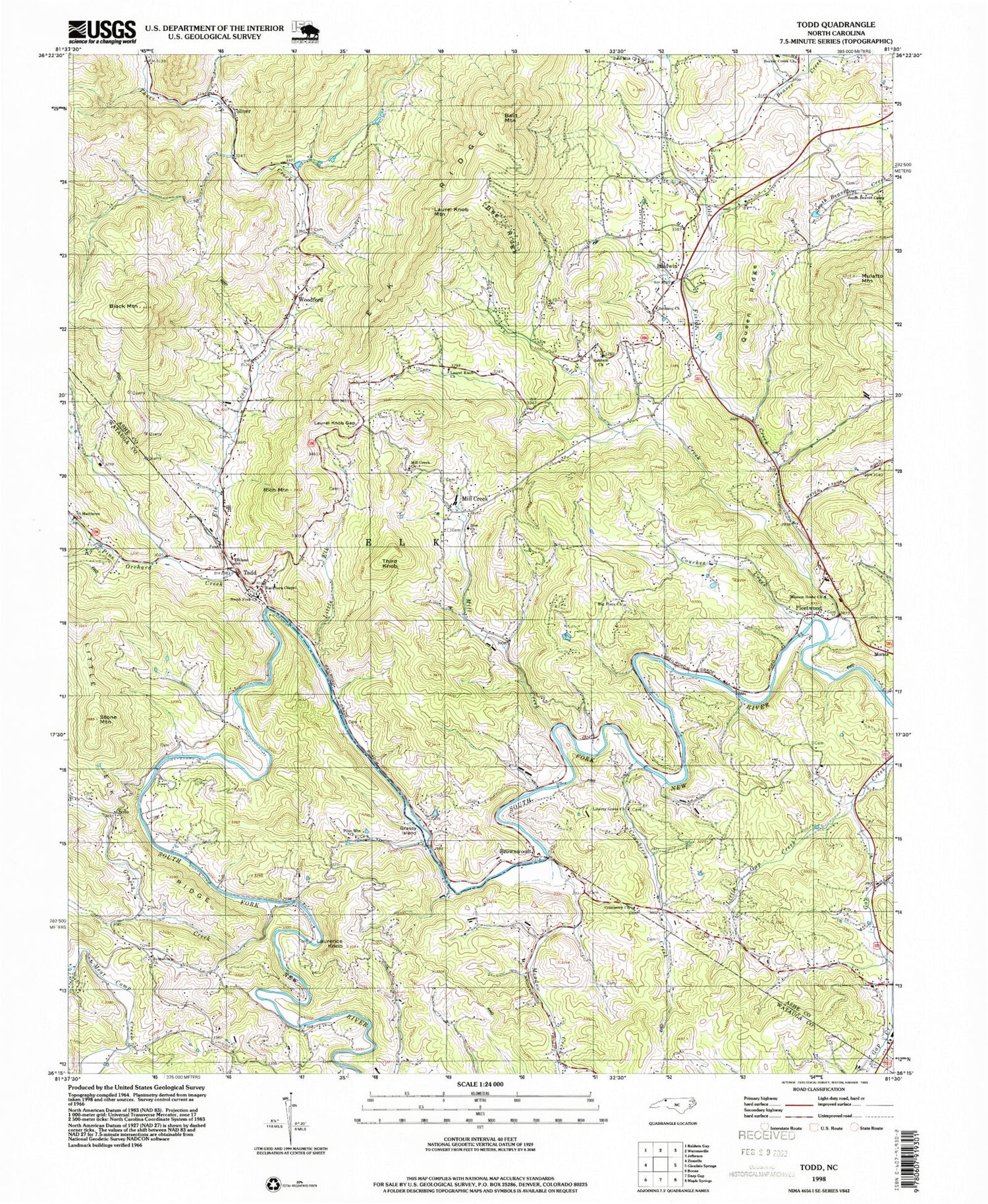Classic USGS Todd North Carolina 7.5'x7.5' Topo Map Image