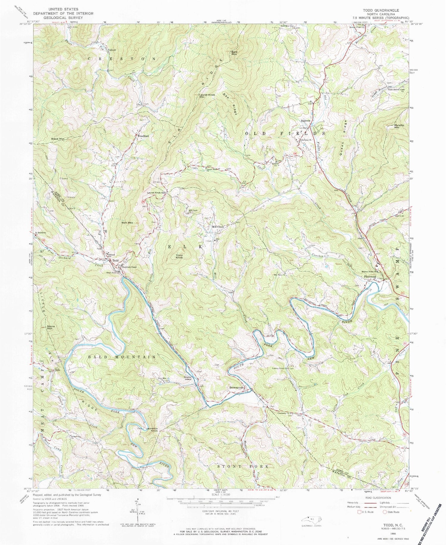 Classic USGS Todd North Carolina 7.5'x7.5' Topo Map Image